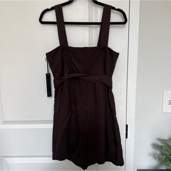 NWT House of Harlow 1960 Brown Linen Belted Shorts Romper - Picture 2 of 5